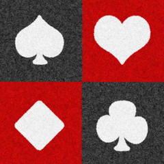 Fototapeta premium Set of 4 symbols playing card suit 3D icon. Spades, hearts, diamonds and clubs white color isolated in fur / feather red and back background. Use for poker game.
