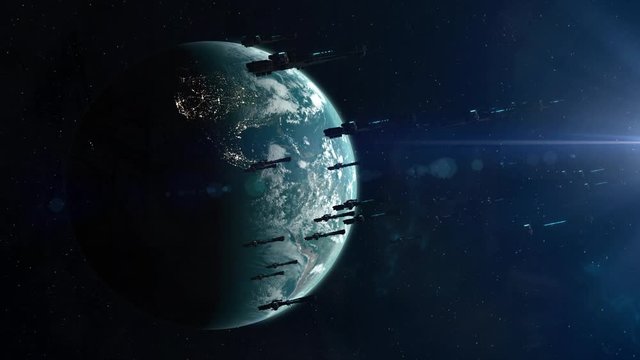 Fleet of Spaceships Evacuating Planet Earth