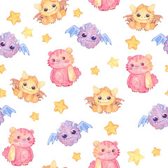 Seamless pattern with colorful, bright monsters, stars, isolated on a white background. Watercolor kids cartoon illustration. Hand drawn character.