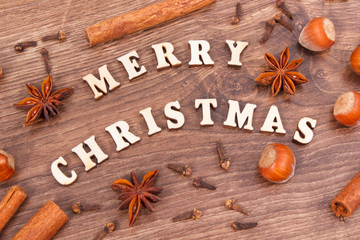 Ingredients with spices for baking and decoration for festive Christmas time