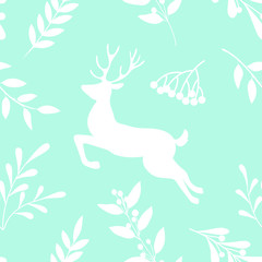 Christmas seamless pattern with winter decorative branch, berries, plants and deers in scandinavian colors. Vector illustration.
