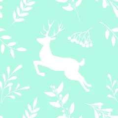 Rideaux  Christmas seamless pattern with winter decorative branch, berries, plants and deers in scandinavian colors. Vector illustration.  © Ekaterina Vasina