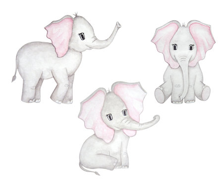 Cute elephant. Watercolor hand drawn illutration.