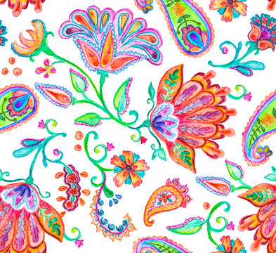 Hand drawn floral flower seamless pattern (tiling). Colorful seamless pattern with flowers, paisley and leaves. Isolated objects on a white background. Doodle style. Perfect for textile, cover design.