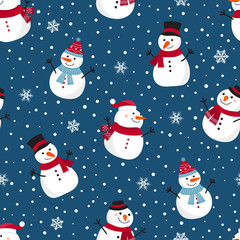 Christmas seamless pattern with snowman, Winter pattern with snowflakes, wrapping paper, pattern fills, winter greetings, web page background, Christmas and New Year greeting cards