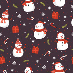 Christmas seamless pattern with snowman on brown background, Winter pattern with snowflakes, wrapping paper, pattern fills, winter greetings, web page background, Christmas and New Year greeting cards