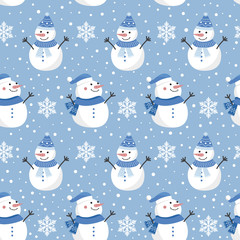 Christmas seamless pattern with snowman on cool background, Winter pattern with snowflakes, wrapping paper, pattern fills, winter greetings, web page background, Christmas and New Year greeting cards