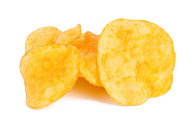 group of tasty yellow Potato chips isolated on white background