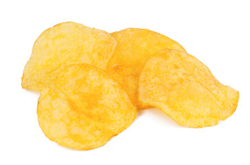 group of tasty yellow Potato chips isolated on white background