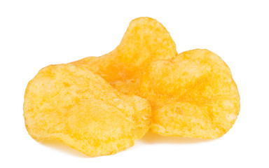 group of tasty yellow Potato chips isolated on white background