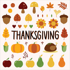 Colorful vector thanksgiving and halloween doodle set of cute color objects in Fall, autumn and thanksgiving theme. hand drawn elements - calligraphy