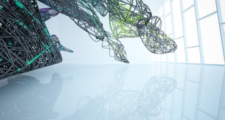 Abstract smooth architectural black and gradient colored wire gloss interior  with large windows. 3D illustration and rendering.
