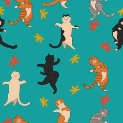 Cute bouncing cats and fall foliage. Seamless pattern.