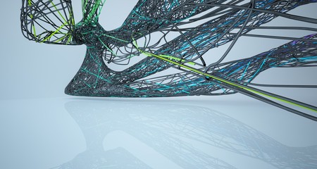 Abstract smooth architectural black and gradient colored wire gloss interior  with large windows. 3D illustration and rendering.