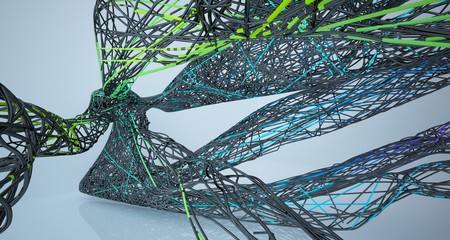 Abstract smooth architectural black and gradient colored wire gloss interior  with large windows. 3D illustration and rendering.