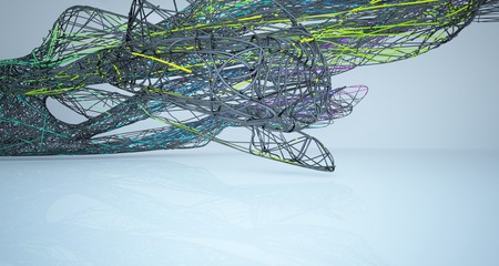 Abstract smooth architectural black and gradient colored wire gloss interior  with large windows. 3D illustration and rendering.