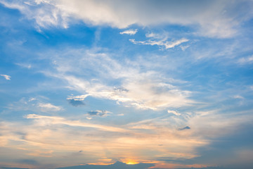 blue bright and orange yellow dramatic sunset sky in countryside texture background.