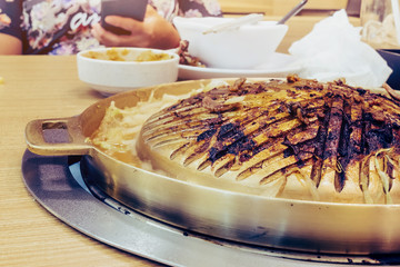 Close up to soot on brass barbecue grill after use in the restaurant.