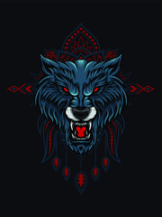 Wolf head vector illustration with mandala as the background ornament, suitable for apparel merchandise, t-shirt or outerwear.