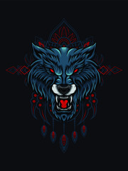 Wolf head vector illustration with mandala as the background ornament, suitable for apparel merchandise, t-shirt or outerwear.