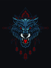 Wolf head vector illustration with mandala as the background ornament, suitable for apparel merchandise, t-shirt or outerwear.