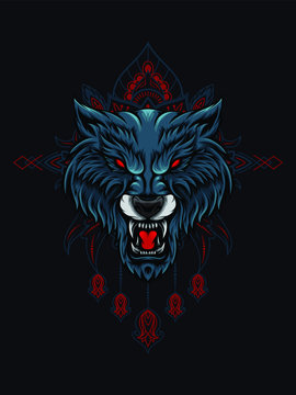 Wolf head vector illustration with mandala as the background ornament, suitable for apparel merchandise, t-shirt or outerwear.