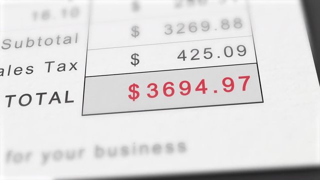 Close up animation of growing invoice total in dollars. Includes sales tax. Costs grow infinitely. Total in red.