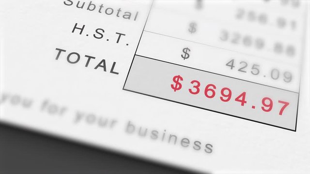 Animated growing invoice total in Canadian Dollars including HST. Costs grow infinitely. Total in red.