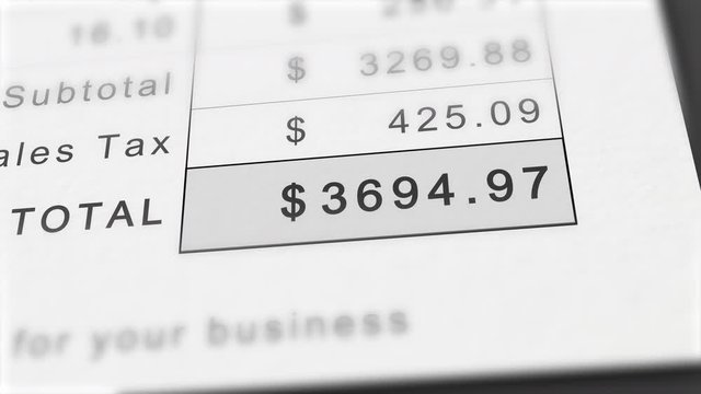 Close up animation of growing invoice total in dollars. Includes sales tax. Costs grow infinitely.