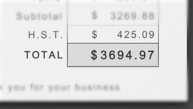 Static animation of a growing invoice total in Canadian Dollars with HST. Total costs animate ever higher.