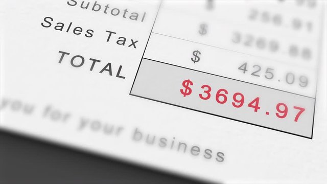 Animated growing invoice total in dollars, including sales tax. Costs grow infinitely. Total in red.