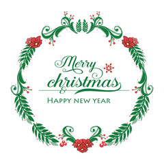 Wallpaper greeting card merry christmas and happy new year, with texture of red flower frame and green leaves. Vector