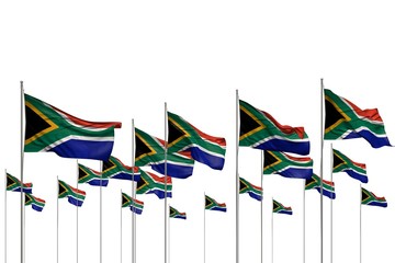 nice celebration flag 3d illustration. - many South Africa flags in a row isolated on white with empty space for content