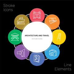 8 architecture and travel concept stroke icons infographic design on black background