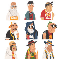 Fashion Senior Men Set, Old Man Characters Wearing Trendy Clothes Vector Illustration