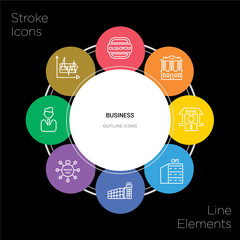 8 business concept stroke icons infographic design on black background