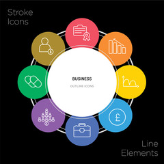 8 business concept stroke icons infographic design on black background
