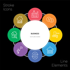 8 business concept stroke icons infographic design on black background