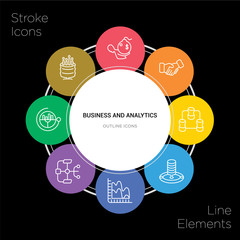 8 business and analytics concept stroke icons infographic design on black background