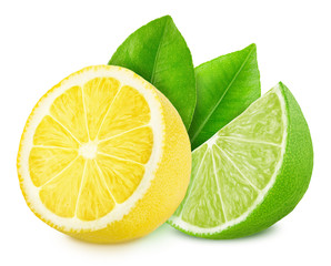 Multicolored composition with slices of sour citrus fruits - lime and lemon isolated on a white...