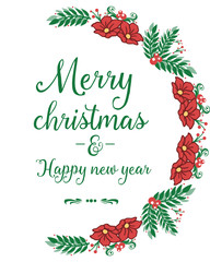 Greeting card design of merry christmas and happy new year, with beautiful vintage red wreath frame. Vector