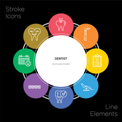 8 dentist concept stroke icons infographic design on black background