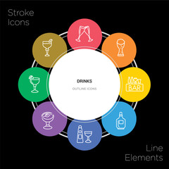 8 drinks concept stroke icons infographic design on black background