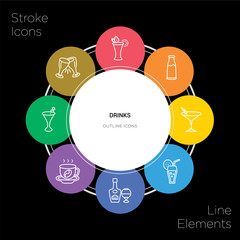 8 drinks concept stroke icons infographic design on black background