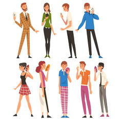 Fototapeta premium People with Face Masks Set, Men and Women Changing Their Personality or Individuality to Conform to Social Requirements Vector Illustration