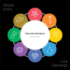 8 fruit and vegetables concept stroke icons infographic design on black background
