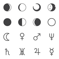 Astrology planets vector icons set, modern solid symbol collection, filled style pictogram pack. Signs, logo illustration. Set includes icons as moon phases, crescent, eclipse, venus, mercury, uranus © alekseyvanin