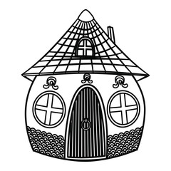 One house of a funny convex shape. Cabin with round windows, wooden door and roof tiles. Dwellings from the fairy tale are convex.
