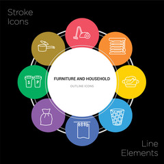8 furniture and household concept stroke icons infographic design on black background