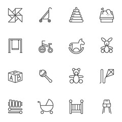 Baby toys line icons set. linear style symbols collection, outline signs pack. vector graphics. Set includes icons as toy pyramid, baby rattle, pinwheel, swing, baby carriage, kite, crib, xylophone